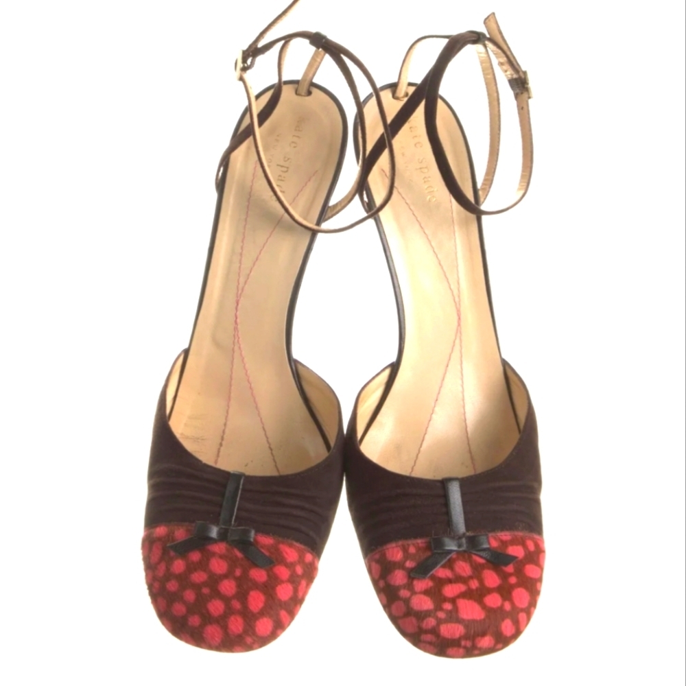KATE SPADE Vintage Pony Hair Polka Dot Ankle Strap Heels 9.5 Red Black Rare - Picture 3 of 9